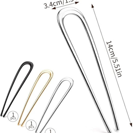 French Hair Clips - Metal 14cm / 5.5 inch - French Twist Clips - French Twist Clips - U-Shaped Clips - Gold, Silver and Black Clips - Large Clips - Pack of 3.