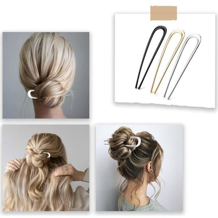 French Hair Clips - Metal 14cm / 5.5 inch - French Twist Clips - French Twist Clips - U-Shaped Clips - Gold, Silver and Black Clips - Large Clips - Pack of 3.