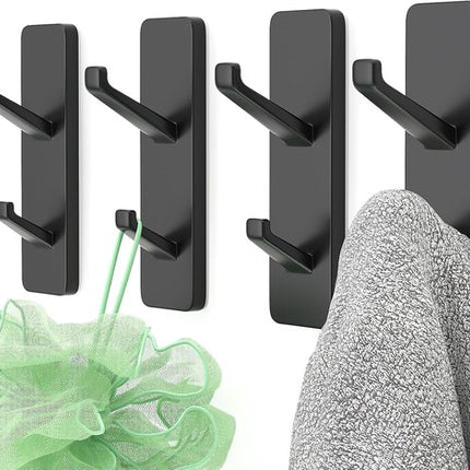 Coat Hooks - Self-Adhesive Hooks for Towels, Coats, Keys - Bathroom, Doors, Kitchens, Dorms - Black - Metal - Pack of 4.