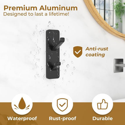 Coat Hooks - Self-Adhesive Hooks for Towels, Coats, Keys - Bathroom, Doors, Kitchens, Dorms - Black - Metal - Pack of 4.