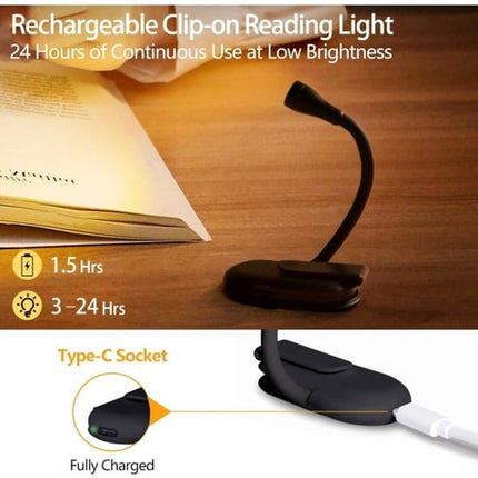 Book Lamp - Rechargeable Reading Lamp with Clip - Adjustable Brightness.