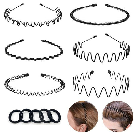 Headbands - Unisex Headbands (Set of 6) - Metal Headbands - Spring Wave Headbands - Sports Headbands - Non-Slip Headbands - Hair Accessories (Black).