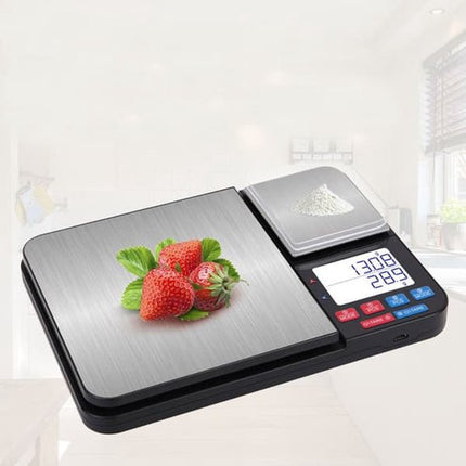 Digital kitchen scale - with dual weighing plates 5 kg/1 g and 500 g/0.01 g - small grams.