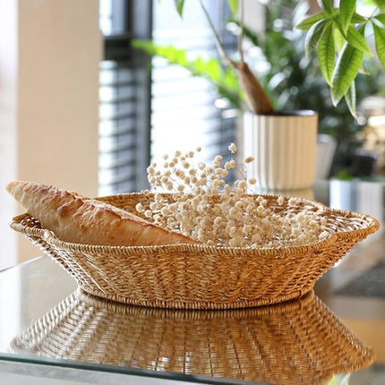 Fruit bowl - Round wicker basket - Corrugated serving basket - Dining table top - Curved corrugated woven tray - Coffee table storage tray.
