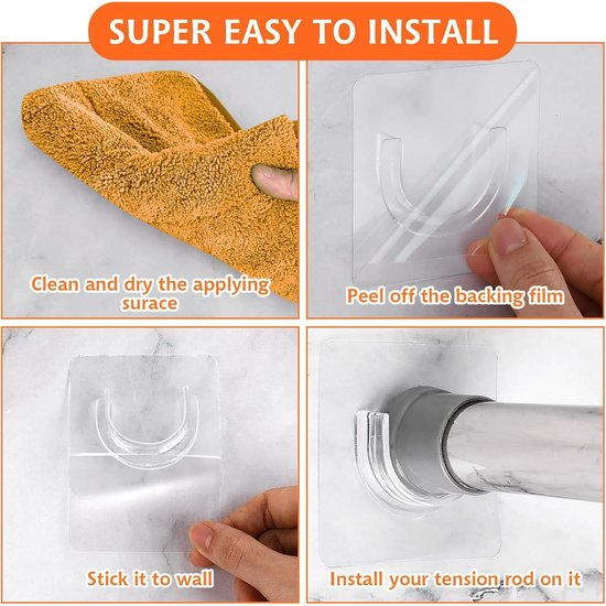 Shower rod bracket - Curtain bracket - Self-adhesive rod mounting without drilling - Transparent rod hook - Mounting stickers (8 pieces).
