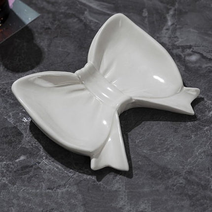 Bow Soap Dish - Ceramic Soap Organizer with Pink Bow - Bathroom Decor, Sponge Holder for Sink, Jewelry Storage Box, Bathroom Accessories for Countertop (White).