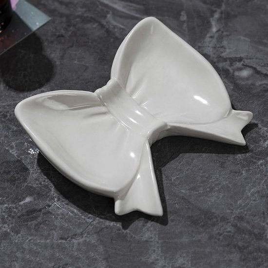 Bow Soap Dish - Ceramic Soap Organizer with Pink Bow - Bathroom Decor, Sponge Holder for Sink, Jewelry Storage Box, Bathroom Accessories for Countertop (White).
