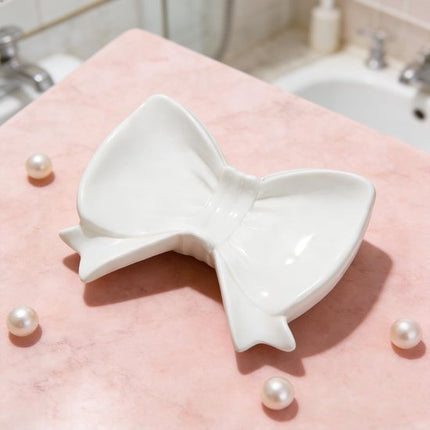 Bow Soap Dish - Ceramic Soap Organizer with Pink Bow - Bathroom Decor, Sponge Holder for Sink, Jewelry Storage Box, Bathroom Accessories for Countertop (White).