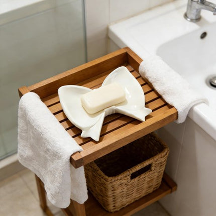 Bow Soap Dish - Ceramic Soap Organizer with Pink Bow - Bathroom Decor, Sponge Holder for Sink, Jewelry Storage Box, Bathroom Accessories for Countertop (White).