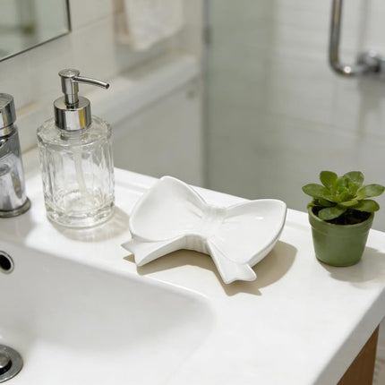 Bow Soap Dish - Ceramic Soap Organizer with Pink Bow - Bathroom Decor, Sponge Holder for Sink, Jewelry Storage Box, Bathroom Accessories for Countertop (White).