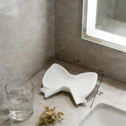 Bow Soap Dish - Ceramic Soap Organizer with Pink Bow - Bathroom Decor, Sponge Holder for Sink, Jewelry Storage Box, Bathroom Accessories for Countertop (White).