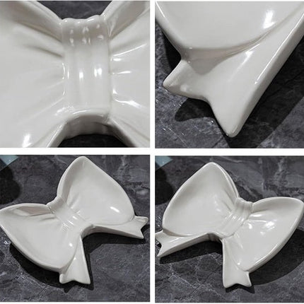Bow Soap Dish - Ceramic Soap Organizer with Pink Bow - Bathroom Decor, Sponge Holder for Sink, Jewelry Storage Box, Bathroom Accessories for Countertop (White).