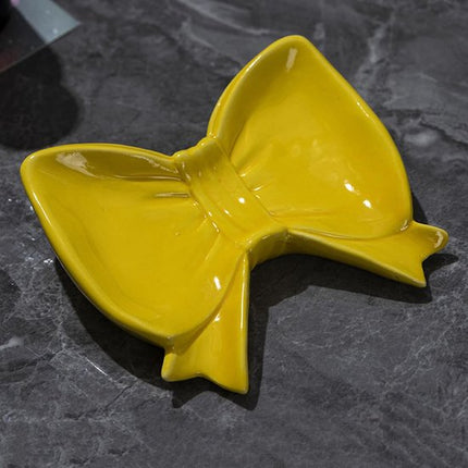 Bow Soap Dish - Ceramic Soap Organizer with Pink Bow - Bathroom Decor, Sponge Holder for Sink, Jewelry Storage Box, Bathroom Countertop Accessories (Yellow).