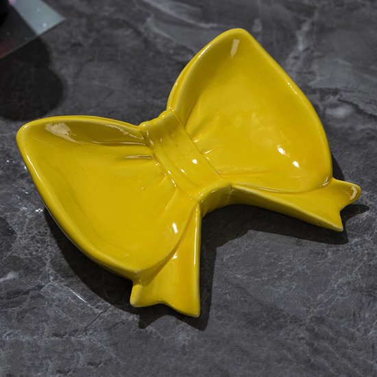 Bow Soap Dish - Ceramic Soap Organizer with Pink Bow - Bathroom Decor, Sponge Holder for Sink, Jewelry Storage Box, Bathroom Countertop Accessories (Yellow).
