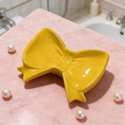 Bow Soap Dish - Ceramic Soap Organizer with Pink Bow - Bathroom Decor, Sponge Holder for Sink, Jewelry Storage Box, Bathroom Countertop Accessories (Yellow).