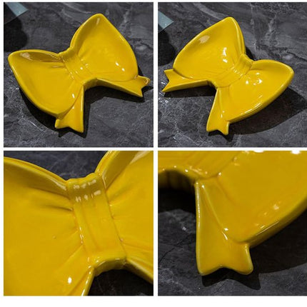 Bow Soap Dish - Ceramic Soap Organizer with Pink Bow - Bathroom Decor, Sponge Holder for Sink, Jewelry Storage Box, Bathroom Countertop Accessories (Yellow).