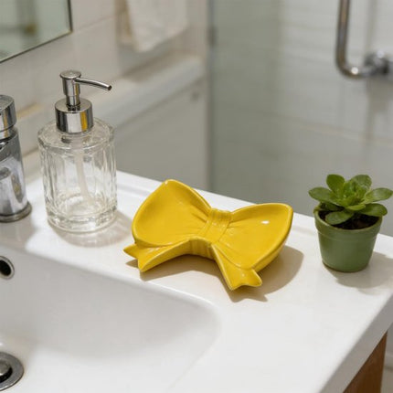 Bow Soap Dish - Ceramic Soap Organizer with Pink Bow - Bathroom Decor, Sponge Holder for Sink, Jewelry Storage Box, Bathroom Countertop Accessories (Yellow).