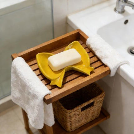 Bow Soap Dish - Ceramic Soap Organizer with Pink Bow - Bathroom Decor, Sponge Holder for Sink, Jewelry Storage Box, Bathroom Countertop Accessories (Yellow).