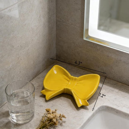 Bow Soap Dish - Ceramic Soap Organizer with Pink Bow - Bathroom Decor, Sponge Holder for Sink, Jewelry Storage Box, Bathroom Countertop Accessories (Yellow).