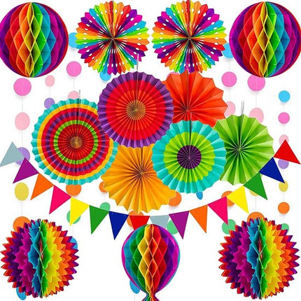 Rainbow Party Decoration Set - Complete with Paper Fans, Honeycomb Balls & Streamers - For Birthdays & Weddings.