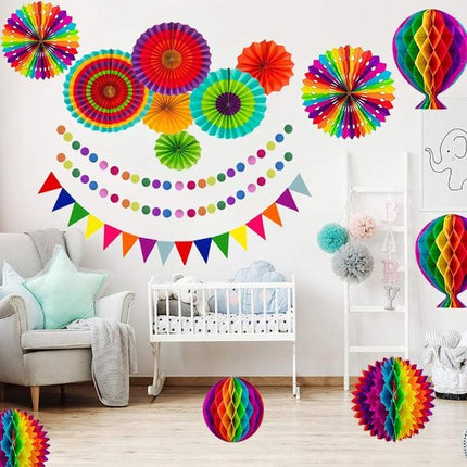 Rainbow Party Decoration Set - Complete with Paper Fans, Honeycomb Balls & Streamers - For Birthdays & Weddings.