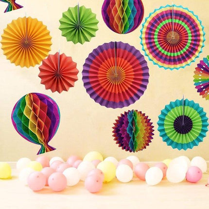 Rainbow Party Decoration Set - Complete with Paper Fans, Honeycomb Balls & Streamers - For Birthdays & Weddings.