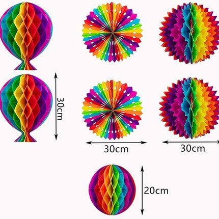 Rainbow Party Decoration Set - Complete with Paper Fans, Honeycomb Balls & Streamers - For Birthdays & Weddings.