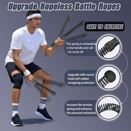 2-Pack Cordless Battle Ropes - Battle Rope - Fitness Rope - Soft Grip - For Home Gym & HIIT - Portable Arm and Core Trainer - Black.