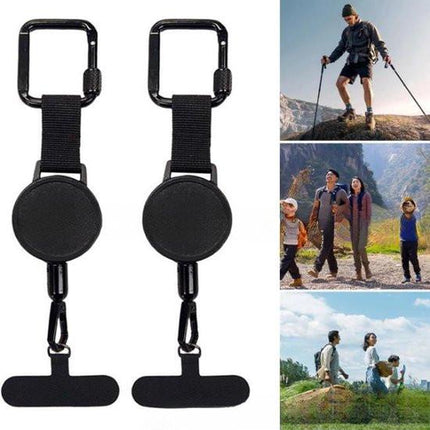 Extendable anti-theft phone buckle - 2-piece - Phone cord with carabiner - Suitable for travel and hiking - Phone accessories - Black.