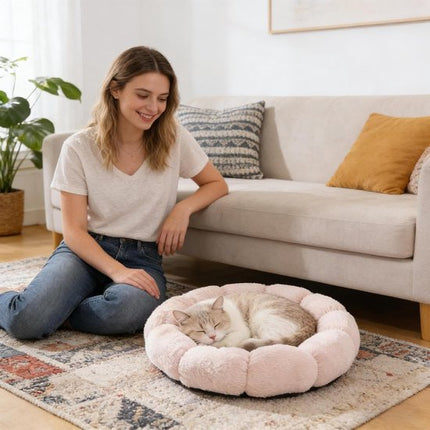 Cat basket - Warm basket for autumn/winter - Round cat basket - Dog mat - Dog basket - Cat basket for home - Pet basket - Pink - 50 cm.