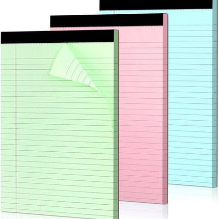 Coloured notepads, set of 3 writing pads 29.5 x 21.4 cm, with micro-perforation and sturdy back, broad lines, 50 sheets per pad, ideal for school, university, office and professional use (blue/pink/green).