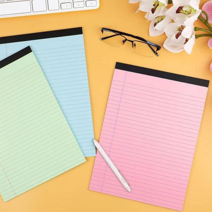 Coloured notepads, set of 3 writing pads 29.5 x 21.4 cm, with micro-perforation and sturdy back, broad lines, 50 sheets per pad, ideal for school, university, office and professional use (blue/pink/green).