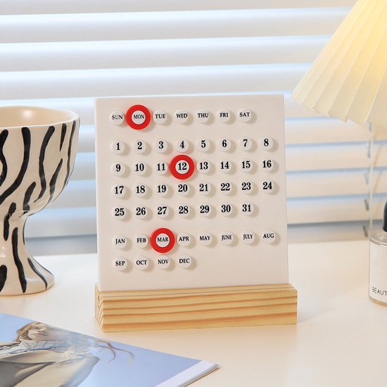 Perpetual calendar - Wooden calendar stand for desk - Acrylic calendar for desk - Suitable for living room, office, shop, bar - Display of week, month and day (white).