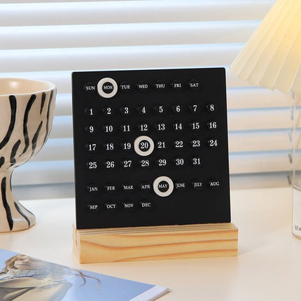 Perpetual calendar - Wooden desk calendar stand - Acrylic desk calendar - Suitable for living room, office, shop, bar - Display of week, month and day (black).