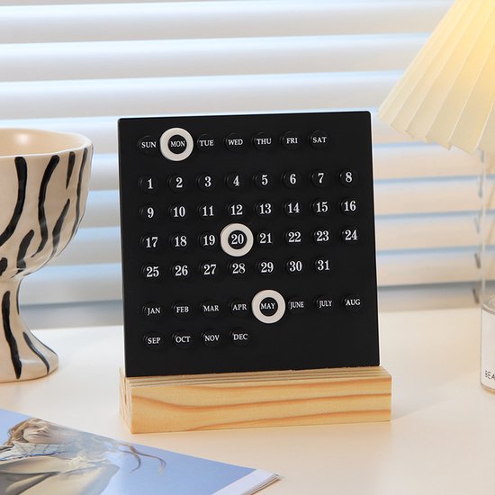 Perpetual calendar - Wooden desk calendar stand - Acrylic desk calendar - Suitable for living room, office, shop, bar - Display of week, month and day (black).