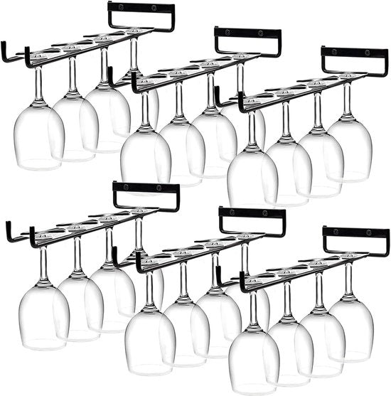 Hanging Wine Glass Rack - Set of Six - Inverted Wine Glass Holder - Organizer and Storage Rack for Mugs and Glassware - For Kitchen and Home Use.
