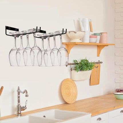Hanging Wine Glass Rack - Set of Six - Inverted Wine Glass Holder - Organizer and Storage Rack for Mugs and Glassware - For Kitchen and Home Use.