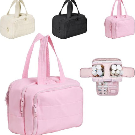 Multi-Zip Makeup Bag - Toiletry Bag - Spacious Storage, Organized Layered Design with Carry Handle - Ideal for Travel & Daily Use（Pink）.