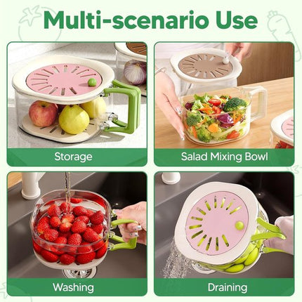 Multifunctional Fruit Washing Basket with Colander and Lid - 2-in-1 Drain Basket & Fruit Colander - Suitable for Kitchen, Refrigerator, Picnic and Camping - Pink.