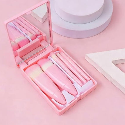 5-Piece Mini Makeup Brush Set with Mirror – Compact Travel Makeup Brushes for Foundation, Powder, Blush & Eyeshadow (Pink).