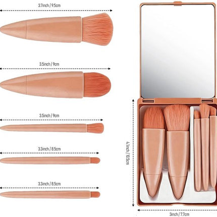 5-Piece Mini Makeup Brush Set with Mirror – Compact Travel Makeup Brushes for Foundation, Powder, Blush & Eyeshadow (Pink).