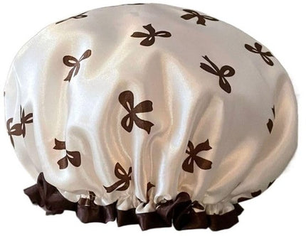 Double Layer Waterproof Shower Cap for Women & Girls – Reusable, Elastic & Comfortable with Print (White).
