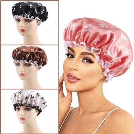 Double Layer Waterproof Shower Cap for Women & Girls – Reusable, Elastic & Comfortable with Print (White).
