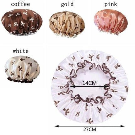 Double Layer Waterproof Shower Cap for Women & Girls – Reusable, Elastic & Comfortable with Print (White).