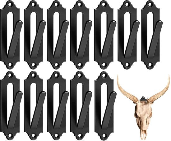 12-Piece Skull Wall Hook Set - Black Steel Hook for Decoration - Includes Mounting Kit.