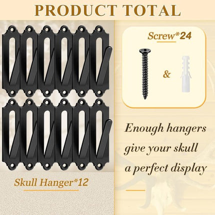 12-Piece Skull Wall Hook Set - Black Steel Hook for Decoration - Includes Mounting Kit.