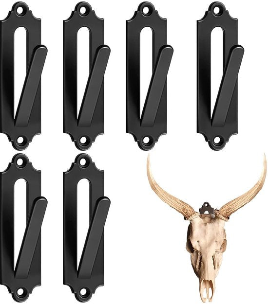 6-Piece Skull Wall Hook Set - Black Steel Hook for Decoration - Includes Mounting Kit.
