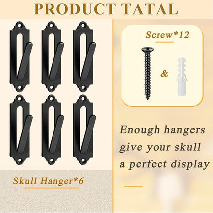 6-Piece Skull Wall Hook Set - Black Steel Hook for Decoration - Includes Mounting Kit.