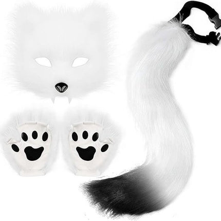 3-Piece Fox Costume Accessory Set – Fluffy Mask, Tail, and Gloves – Suitable for Parties & Carnival (White).