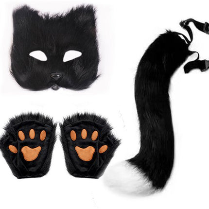 3-Piece Fox Costume Accessory Set – Fluffy Mask, Tail and Gloves – Suitable for Parties & Carnival （Black）.